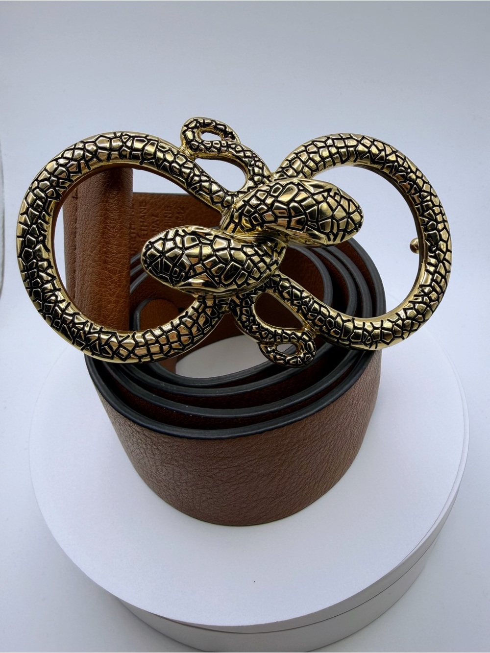 Express Brown Leather Belt with Gold Double-Snake Buckle
